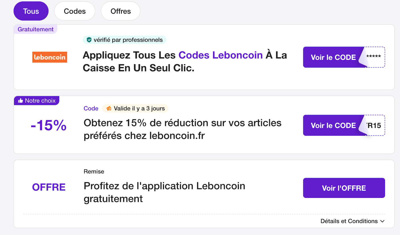 Capture d'écran d'un site de coupons affichant de faux codes promo Leboncoin