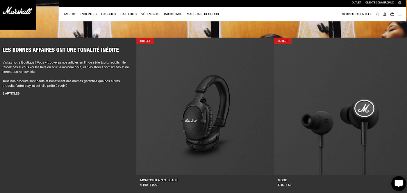 Page Outlet officielle de marshall.com avec enceintes et casques en fin de série à prix réduit