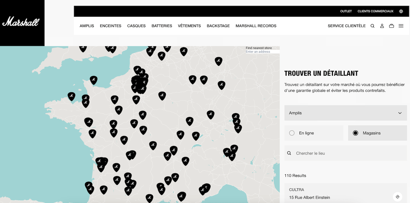Page du store locator Marshall permettant de vérifier si un revendeur est officiellement agréé