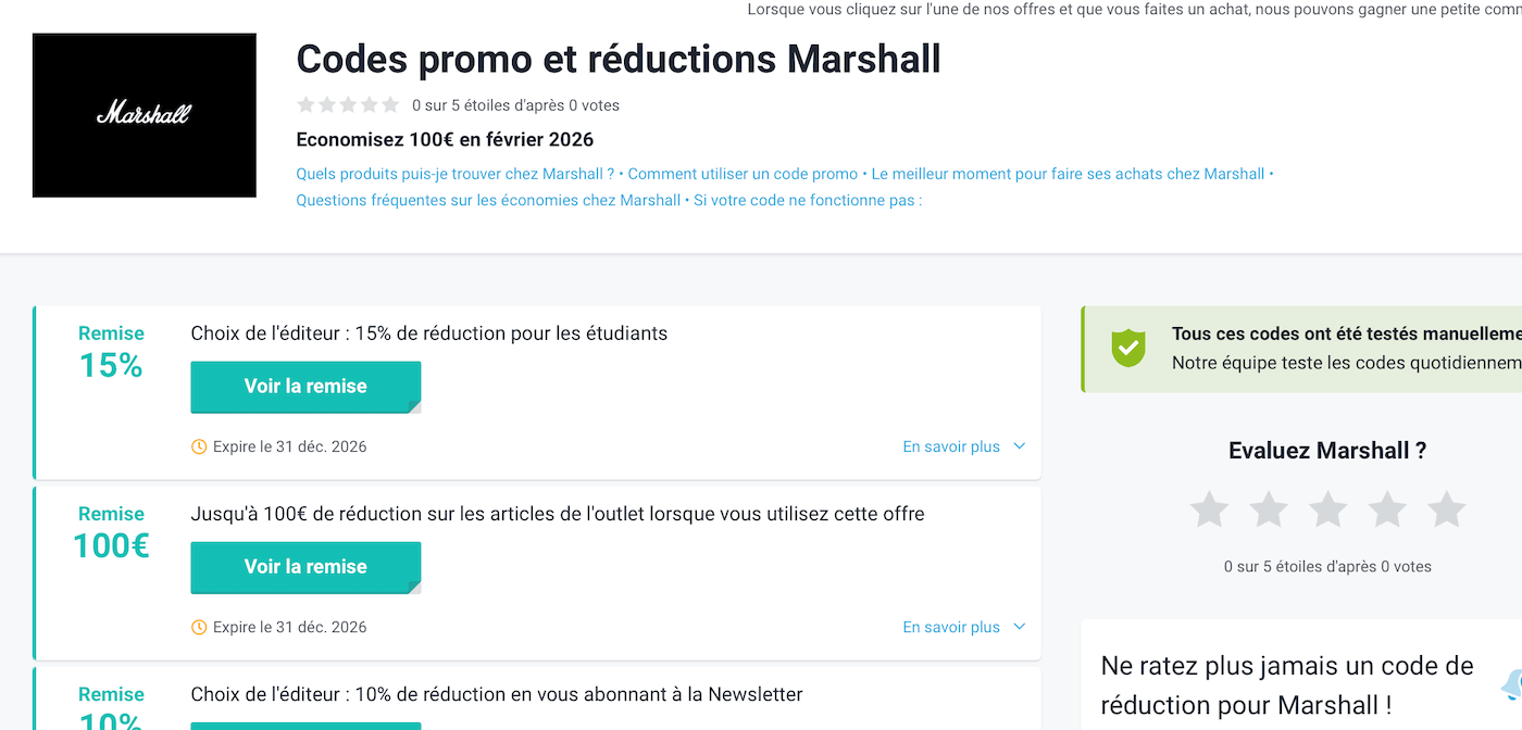 Capture d'écran d'un site de coupons affichant plusieurs codes Marshall sans date de validité