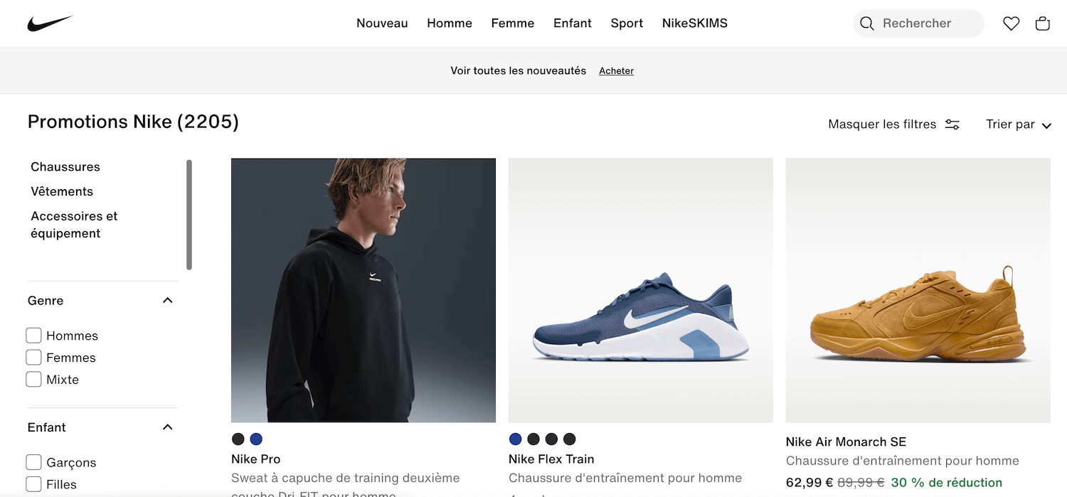 Capture d'écran de la section Promotions sur nike.com/fr