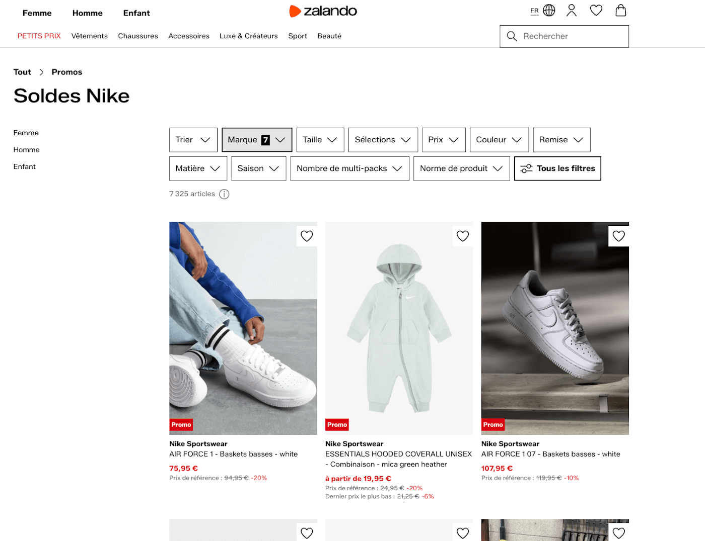 Capture d'écran de Nike en solde chez un revendeur agréé