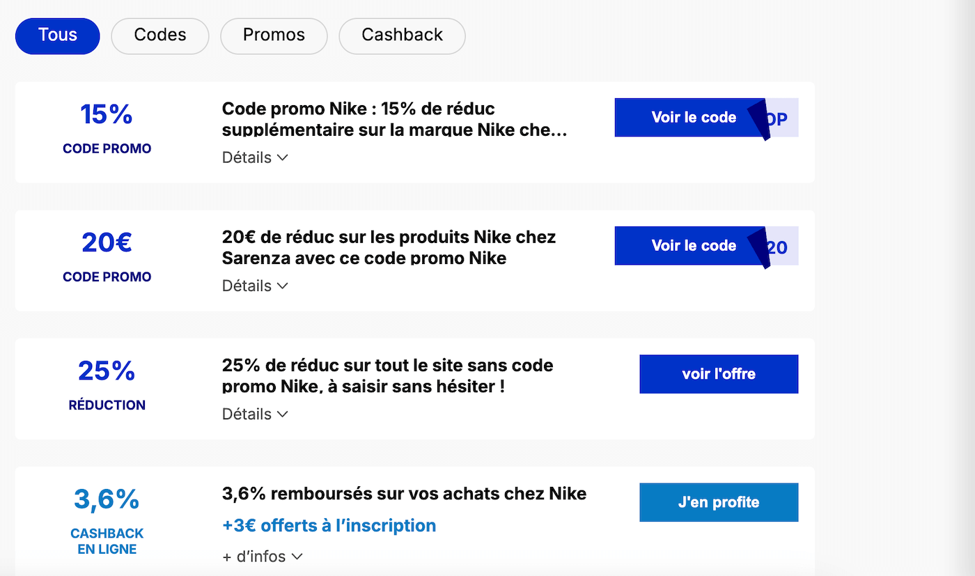 Capture d'écran d'un site de coupons affichant des codes promo Nike non vérifiés