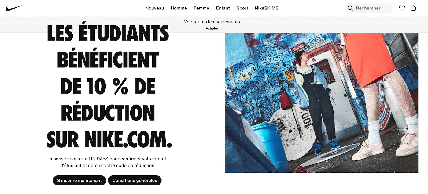 Page de réduction étudiante Nike France via UNiDAYS