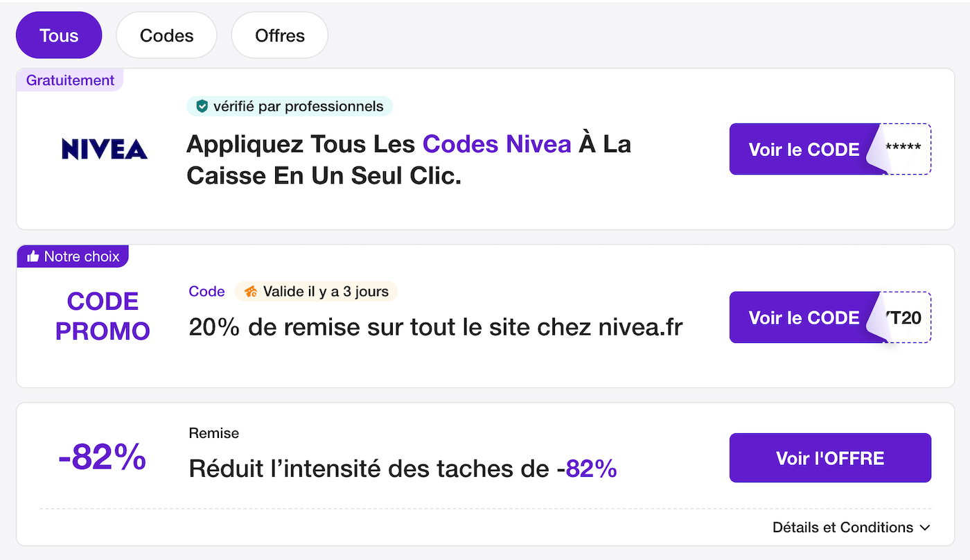 Capture d'écran d'un site de coupons affichant de faux codes promo Nivea