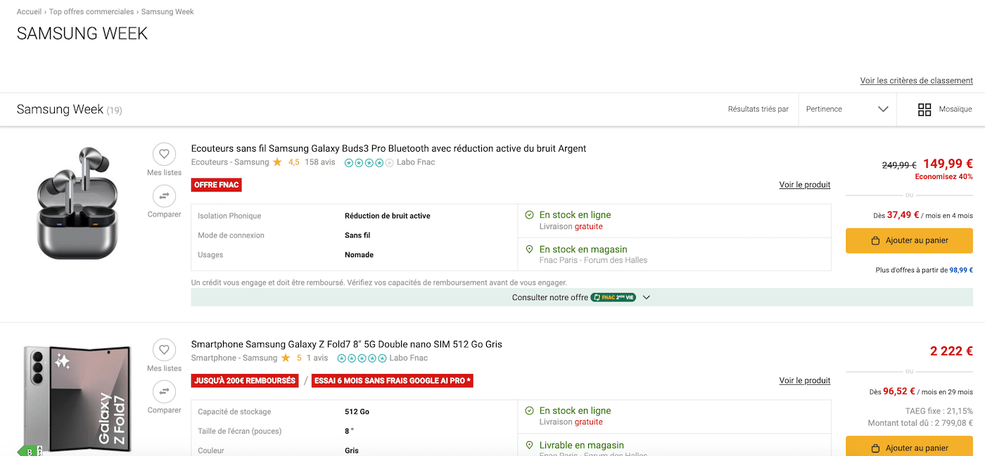Capture d'écran de la page Samsung Week avec les offres en cours