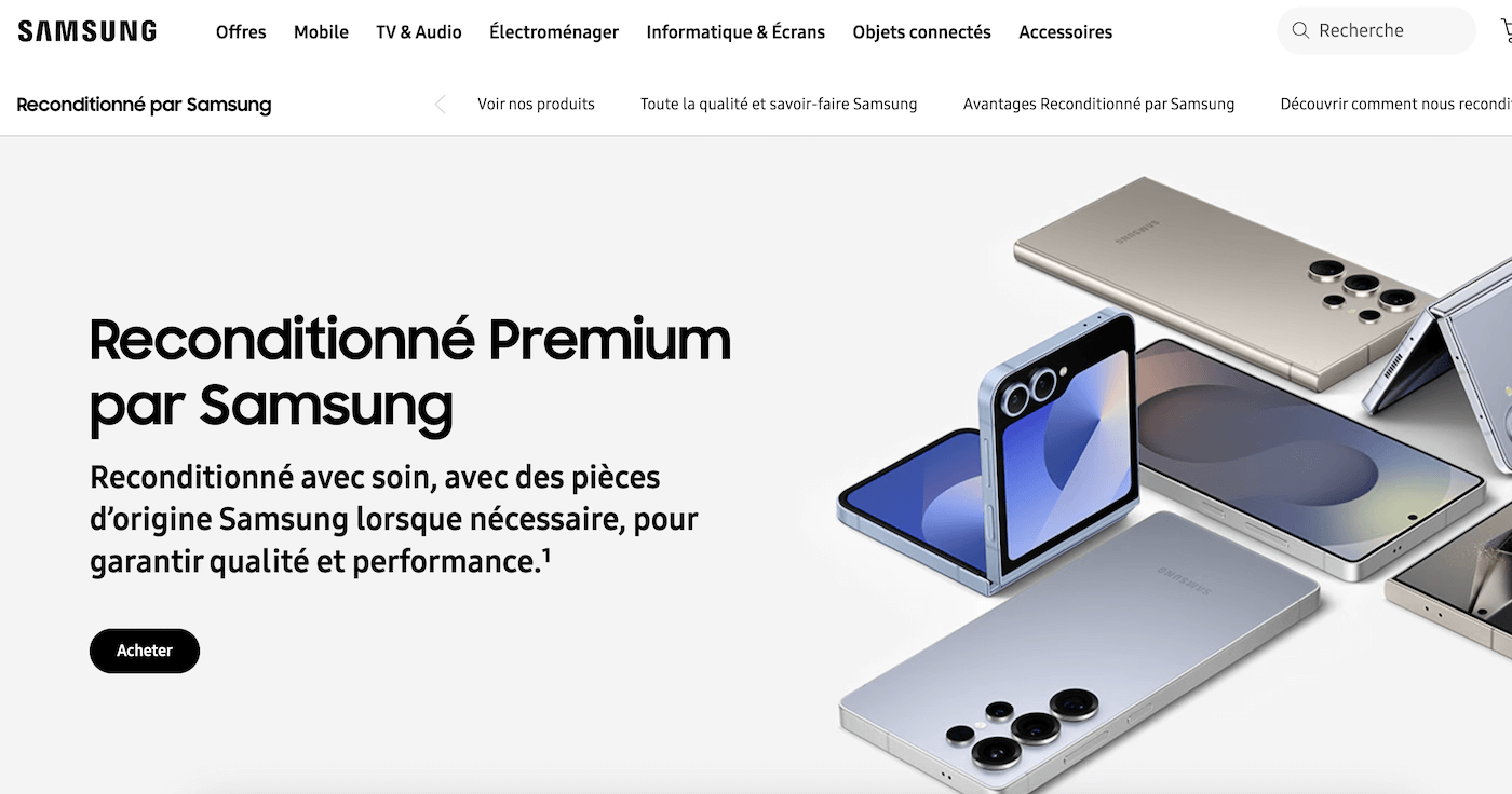 Capture d'écran de la page Reconditionné Premium par Samsung