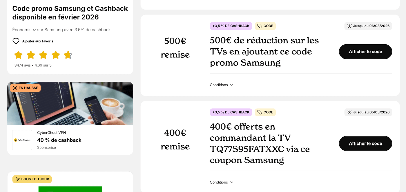 Capture d'écran d'un site de coupons affichant de faux codes promo Samsung