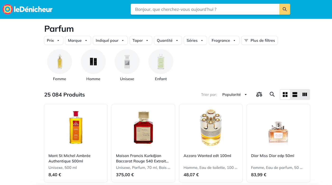 Capture d'écran d'un comparateur de prix montrant les écarts entre Sephora, Nocibé et Marionnaud sur un parfum