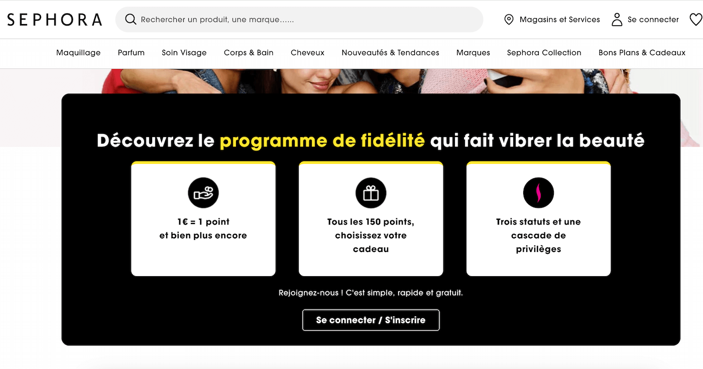 Capture d'écran de la page du programme de fidélité My Sephora avec les trois paliers