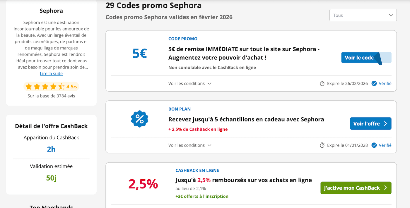 Capture d'écran d'un site de coupons affichant des codes promo Sephora non fonctionnels