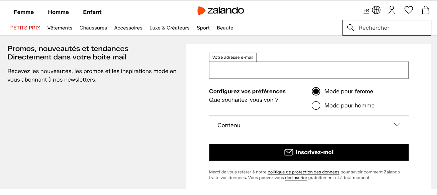 Capture d'écran de la page d'inscription à la newsletter Zalando.fr