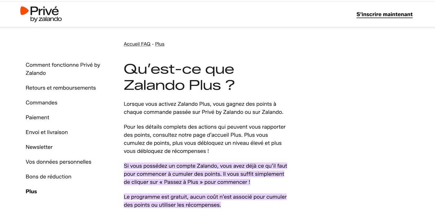 Capture d'écran de la page Zalando Plus et ses avantages par palier