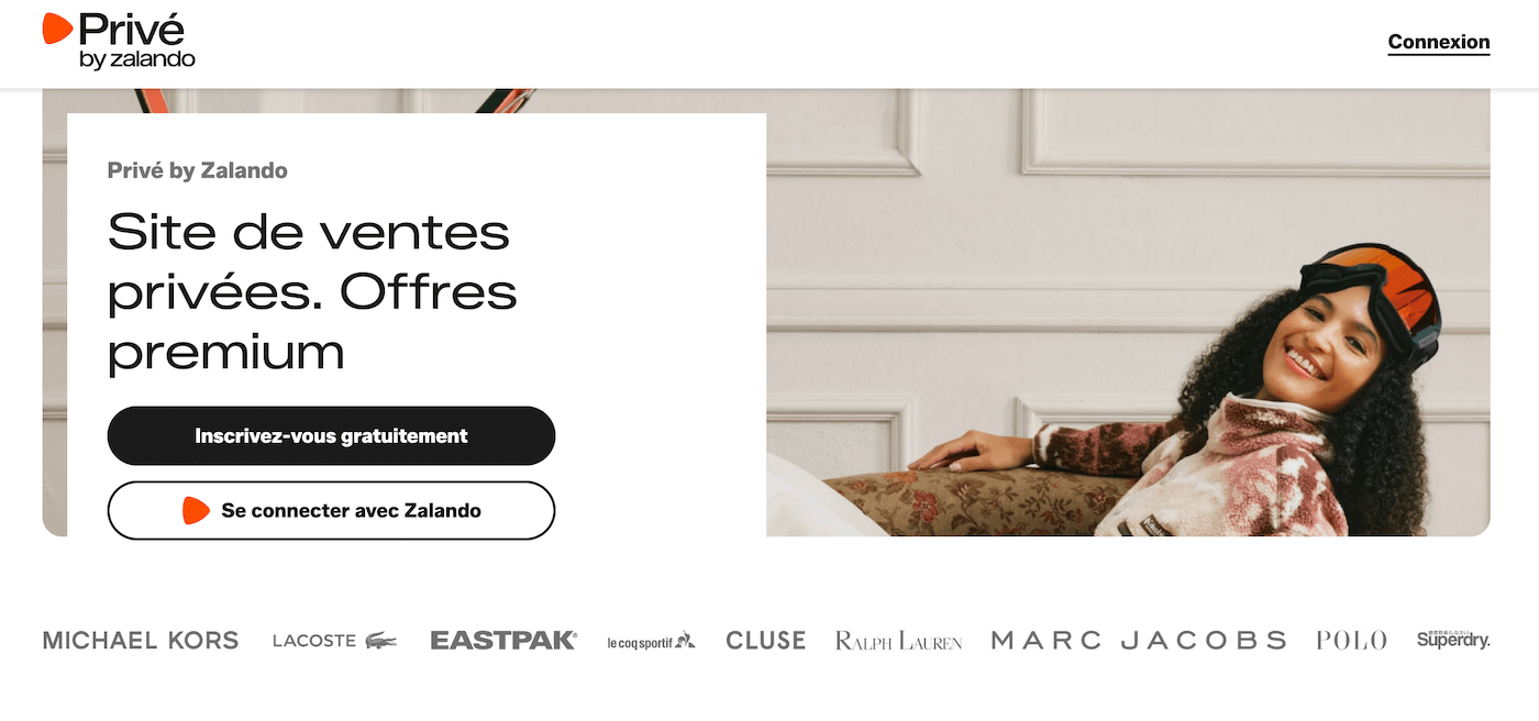 Capture d'écran de la page d'accueil Privé by Zalando avec les ventes en cours