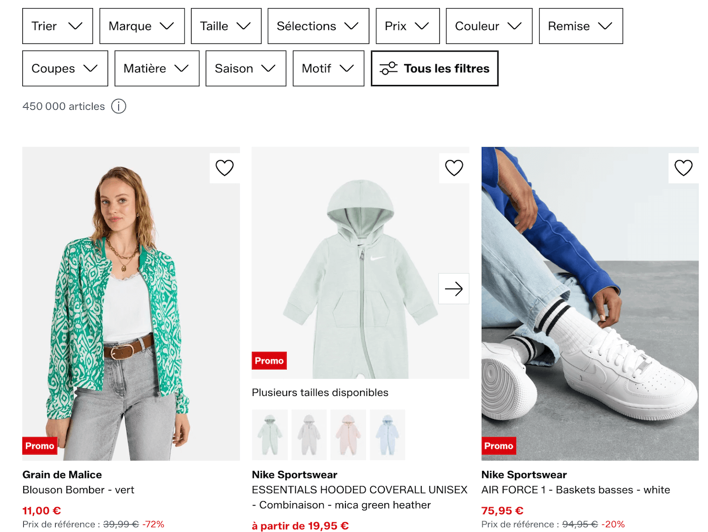 Capture d'écran de la page promos Zalando.fr avec les filtres par niveau de remise