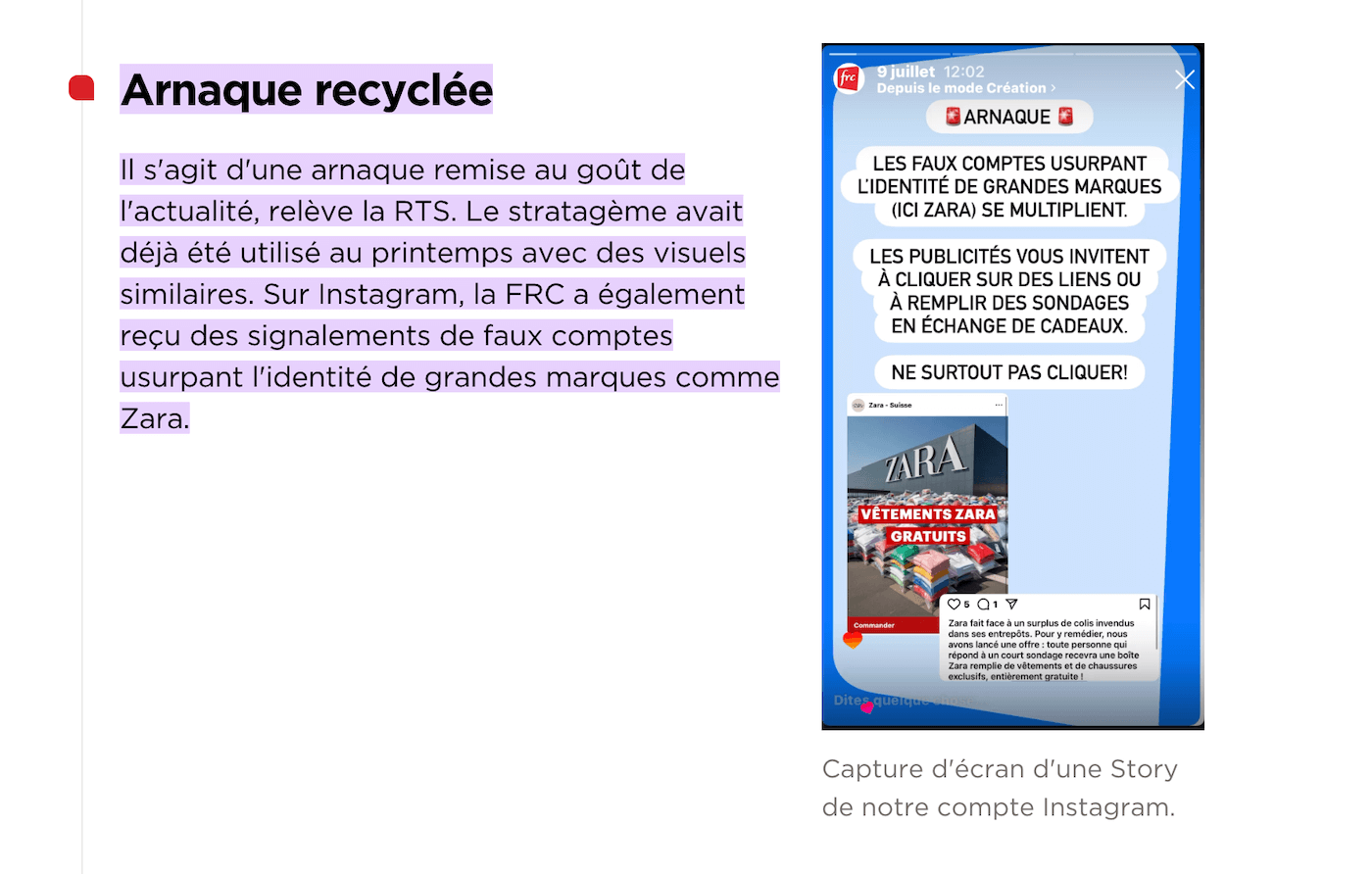 Exemple d'arnaque aux faux vouchers Zara circulant sur les réseaux sociaux