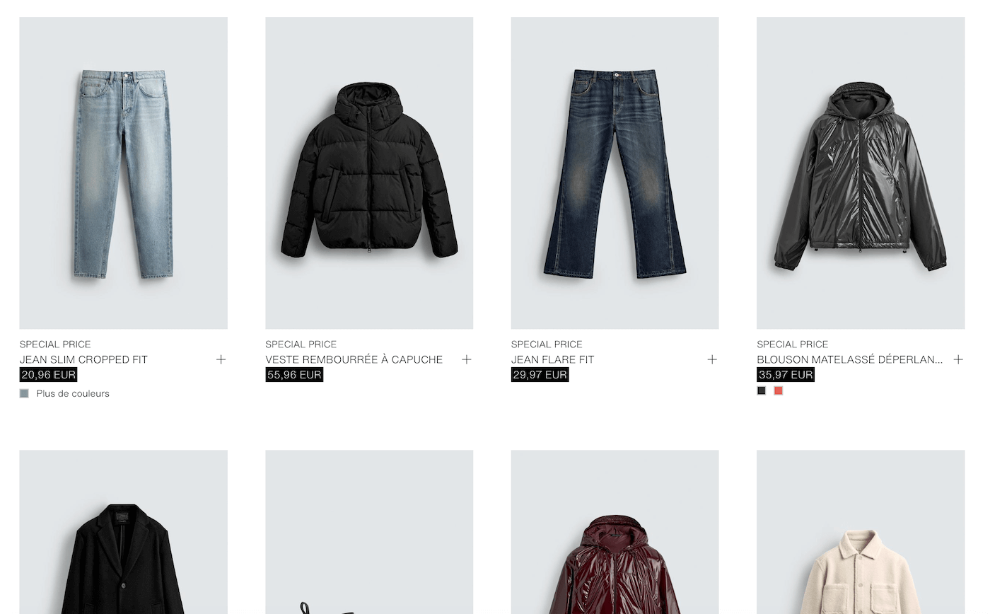 Capture d'écran de la section Prix spéciaux sur le site Zara France