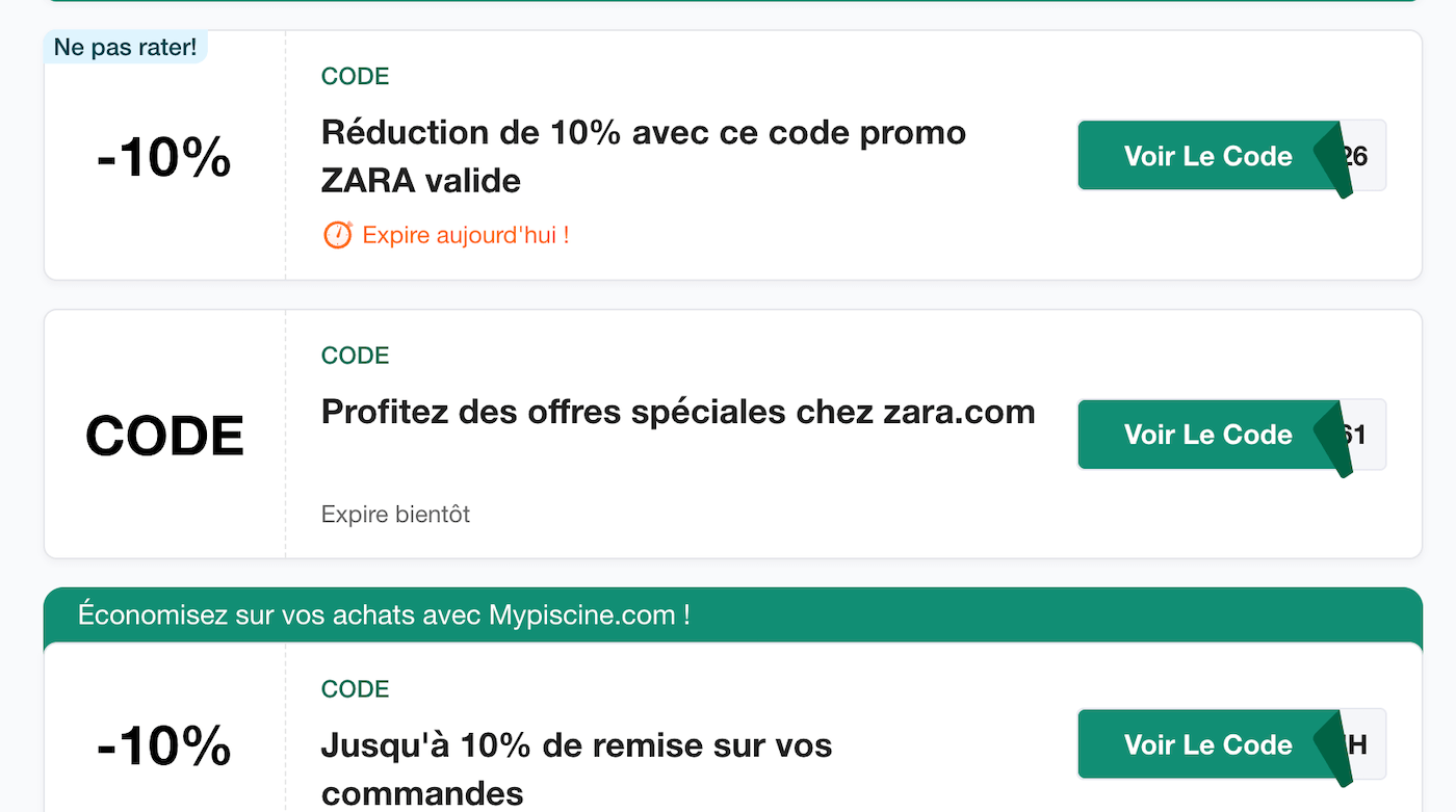 Capture d'écran d'un site de coupons affichant de faux codes promo Zara