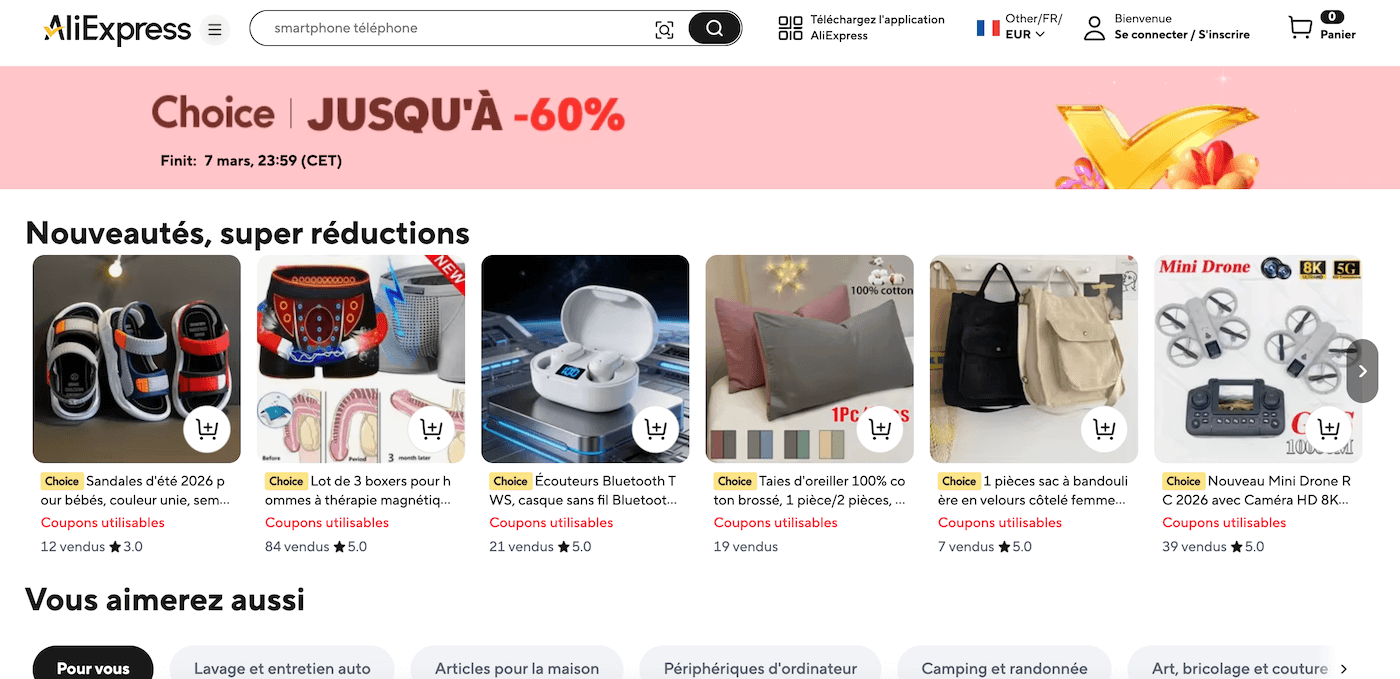 Capture d'écran de la page Choice Day sur AliExpress avec les promotions en cours