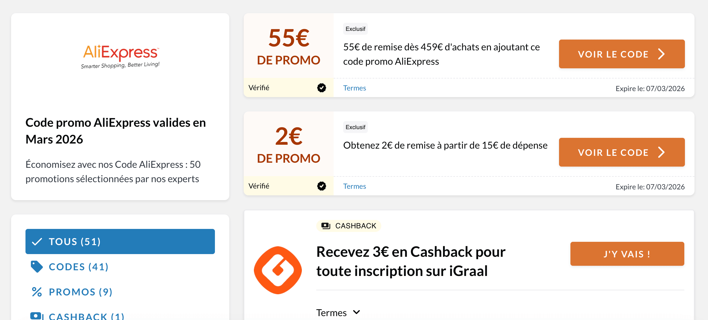 Capture d'écran d'un site de coupons affichant de faux codes promo AliExpress