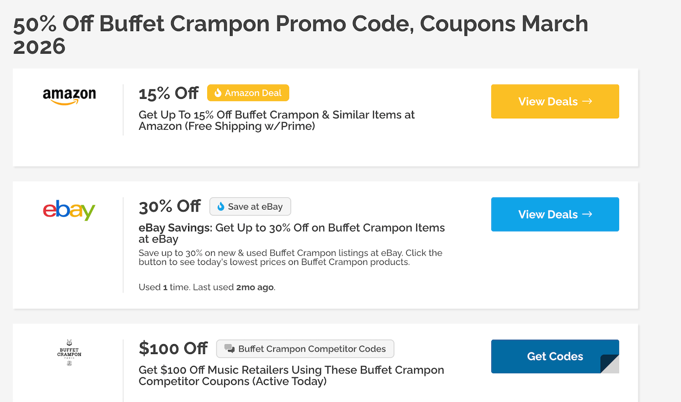 Capture d'écran d'un site de coupons affichant de faux codes promo Buffet Crampon