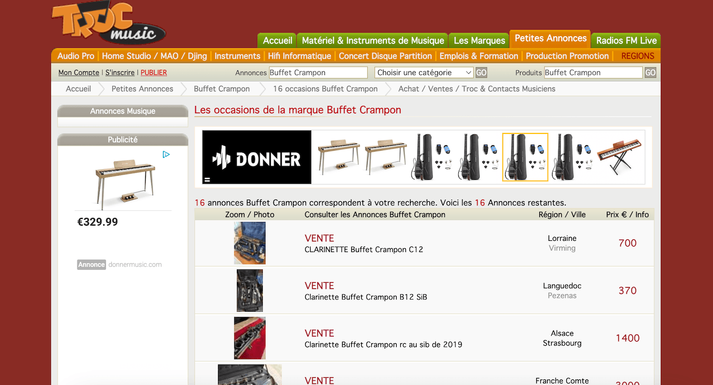 Capture d'écran de Trocmusic avec des clarinettes Buffet Crampon d'occasion