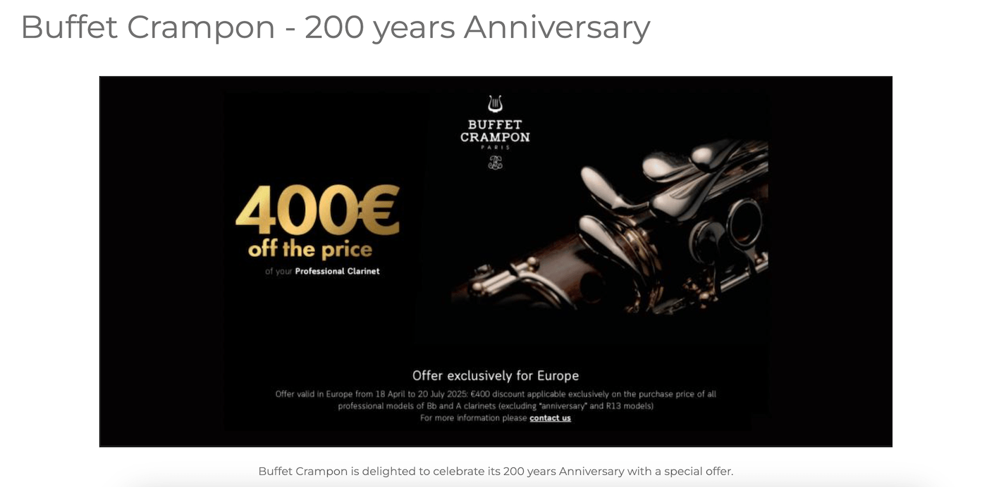 Annonce de la campagne 200e anniversaire Buffet Crampon avec 400 euros de remise