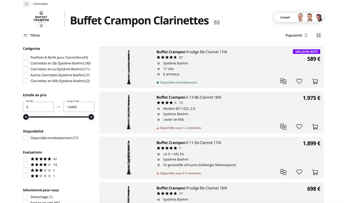 Capture d'écran de clarinettes Buffet Crampon sur Thomann avec prix compétitifs