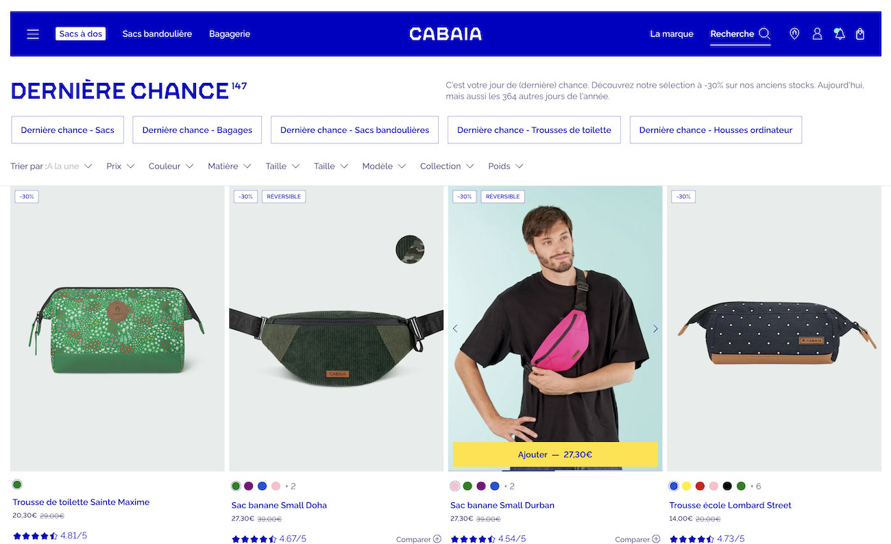 Capture d'écran de la page Dernière chance sur cabaia.fr avec des sacs à -30 %
