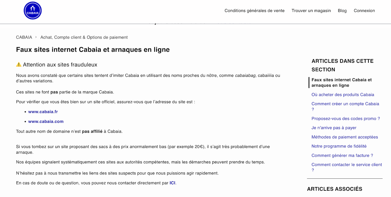 Exemple de faux site Cabaïa avec des prix anormalement bas signalé comme arnaque