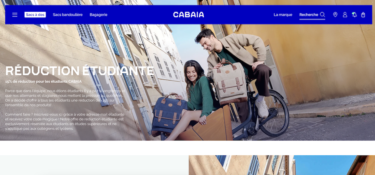 Capture d'écran de l'offre étudiante Cabaïa avec la réduction de -15 %