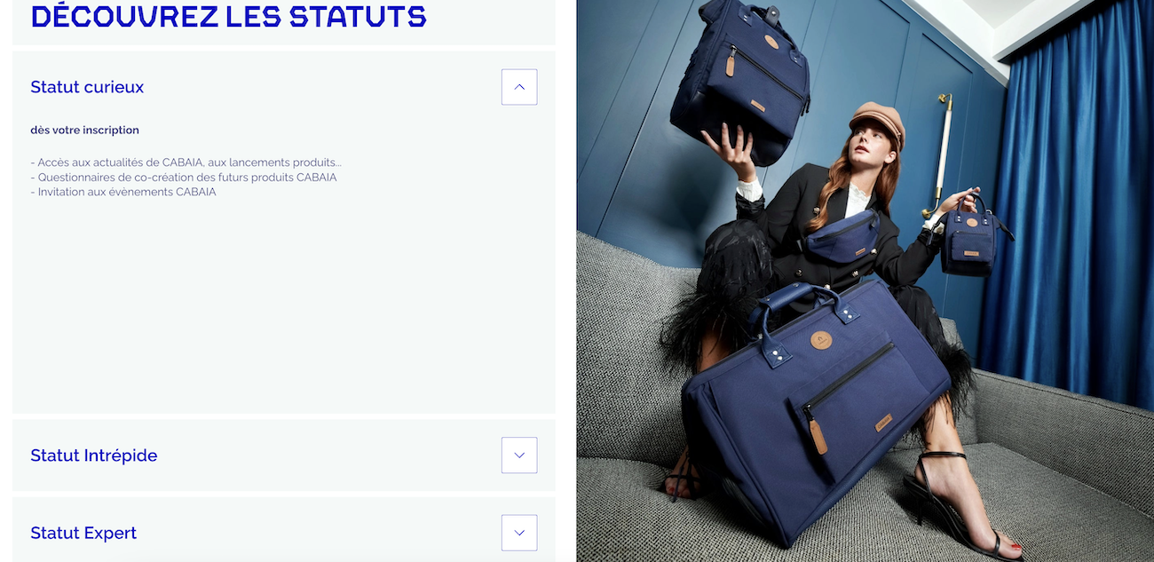 Capture d'écran du programme de fidélité Cabaïa avec les 3 statuts Curieux, Intrépide et Expert