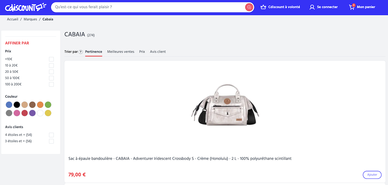 Capture d'écran des offres Cabaïa sur Cdiscount avec des prix inférieurs au site officiel