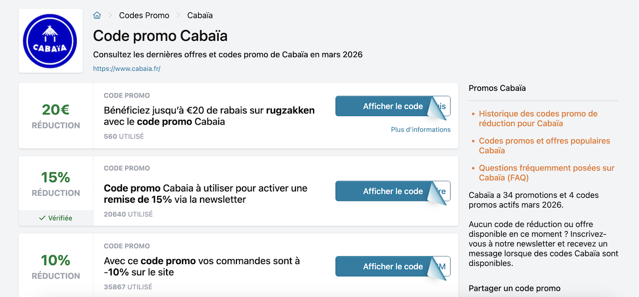Capture d'écran d'un site de coupons affichant des codes promo Cabaïa non fonctionnels