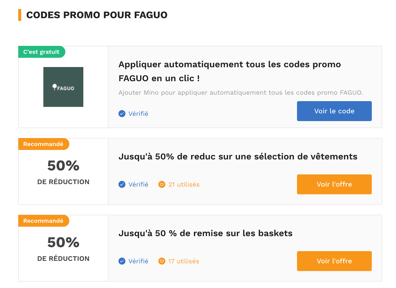 Capture d'écran d'un site de coupons affichant des codes promo Faguo non fonctionnels