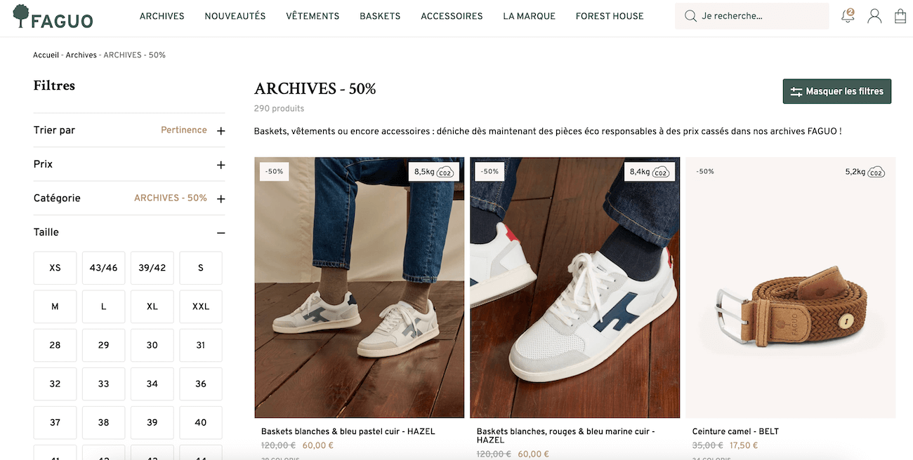 Capture d'écran de la page soldes ou archives sur le site Faguo