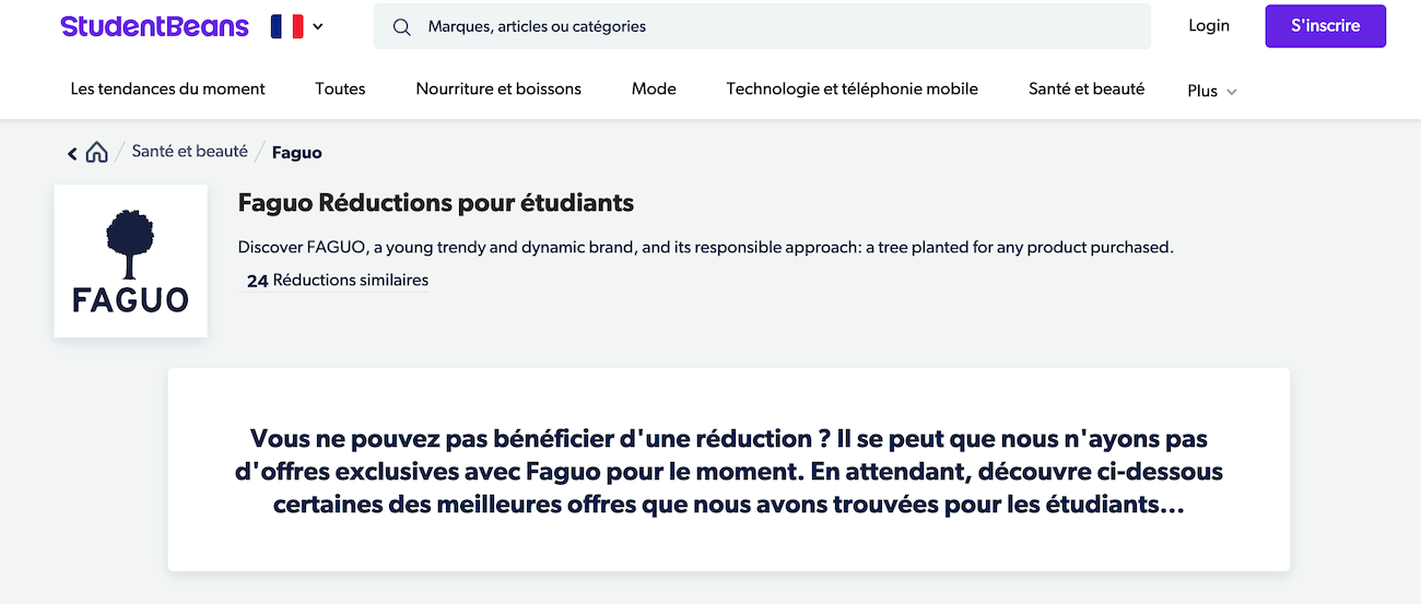 Capture d'écran de la page Student Beans avec réduction étudiants Faguo