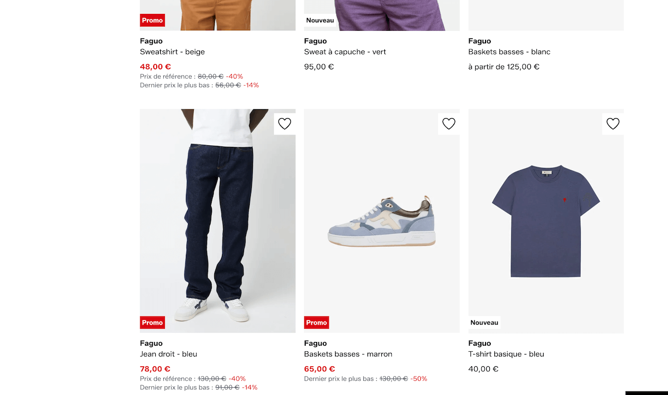 Capture d'écran des offres Faguo sur Zalando avec remises