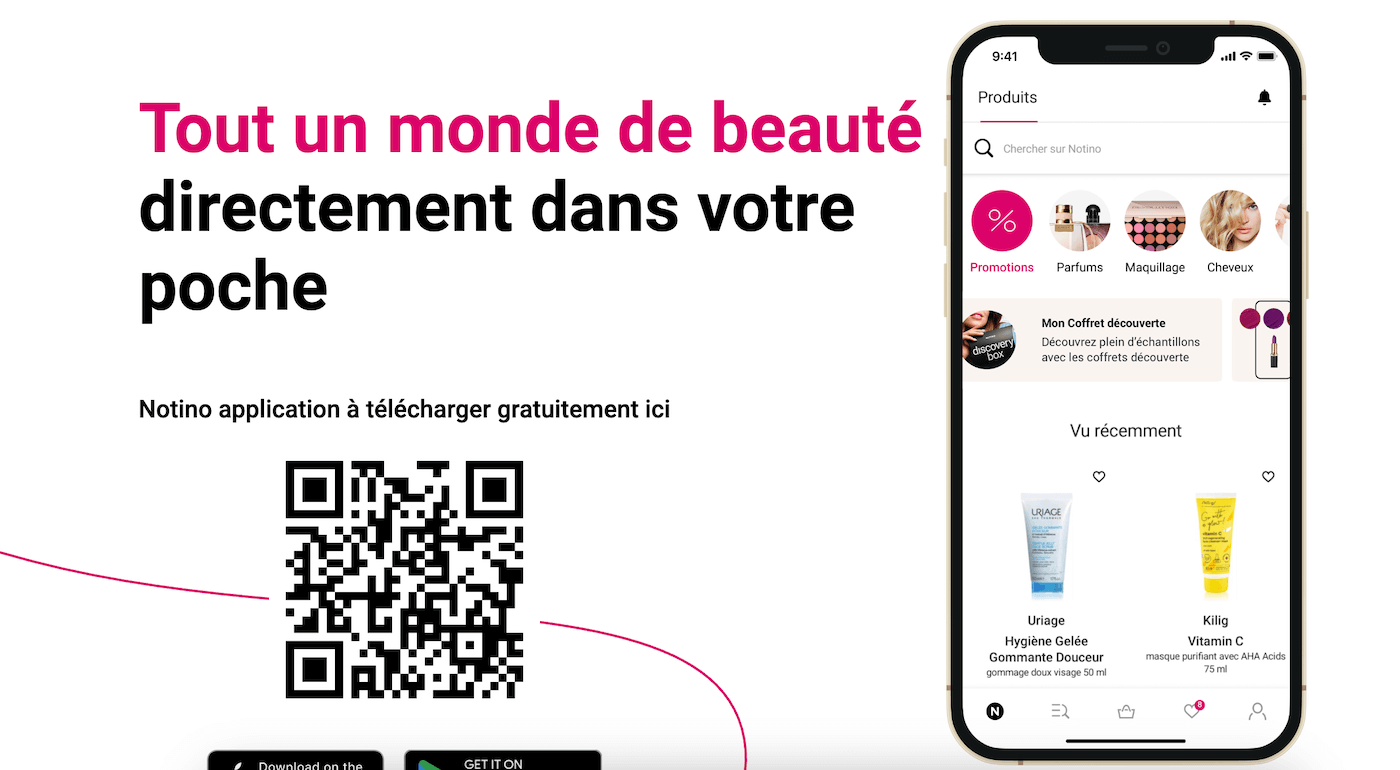Capture d'écran de l'application mobile Notino avec wishlist et offres exclusives