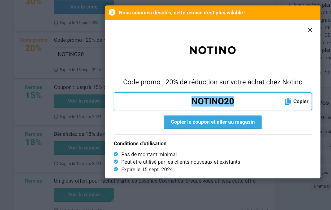 Exemple de codes génériques Notino recyclés sur un site de coupons