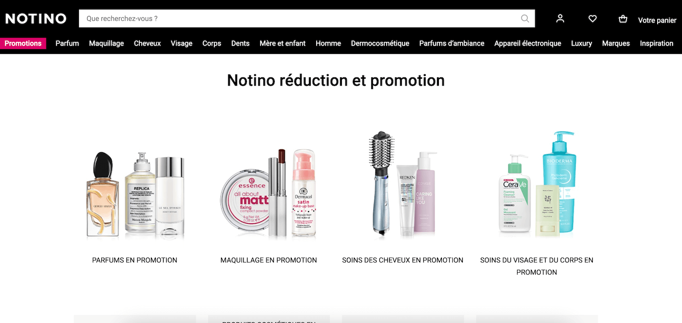 Capture d'écran de la page Promotions sur notino.fr