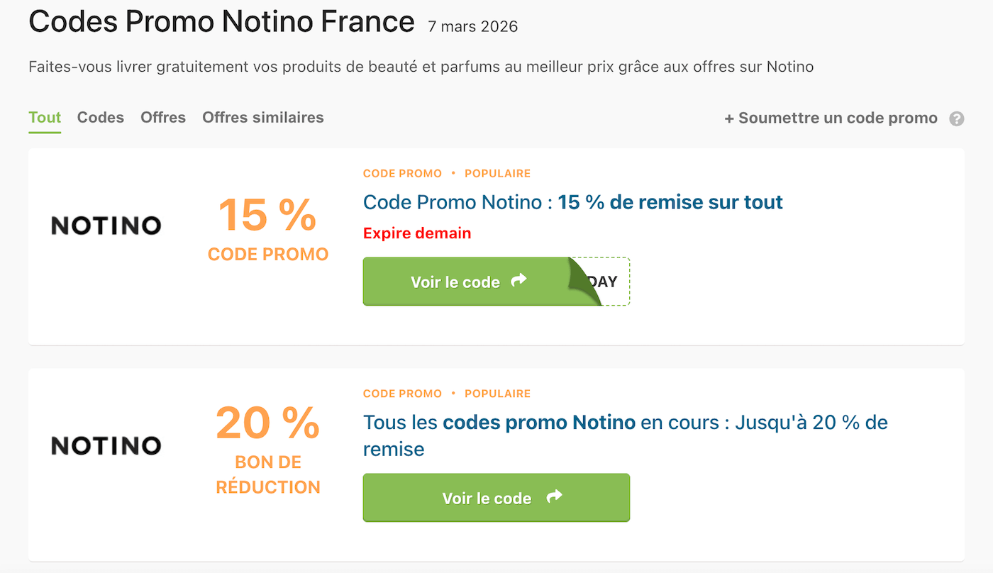 Capture d'écran d'un site de coupons affichant des codes promo Notino expirés