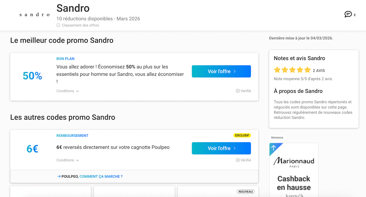 Capture d'écran de la page cashback Sandro sur iGraal ou Poulpeo