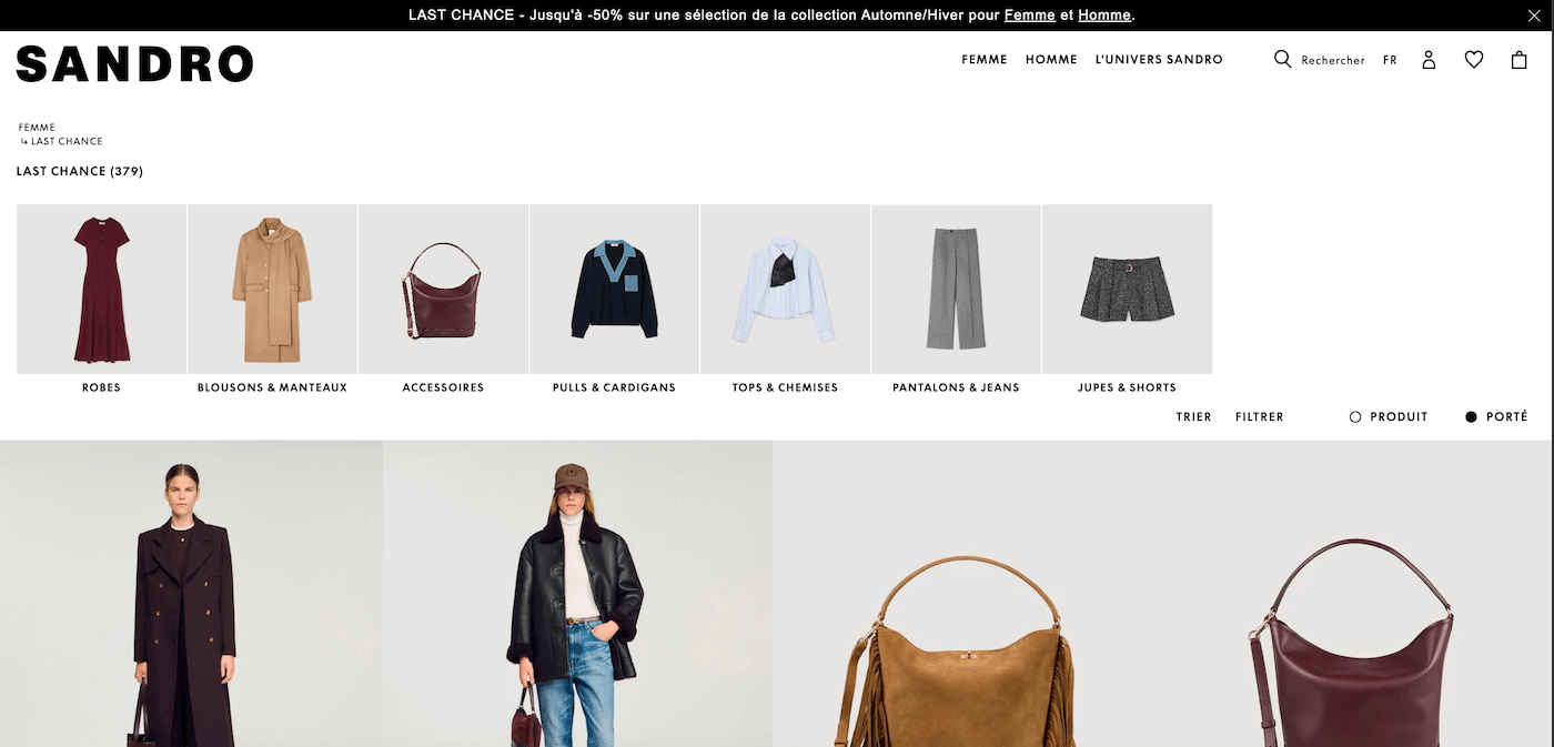 Capture d'écran de la section Last Chance sur le site officiel Sandro