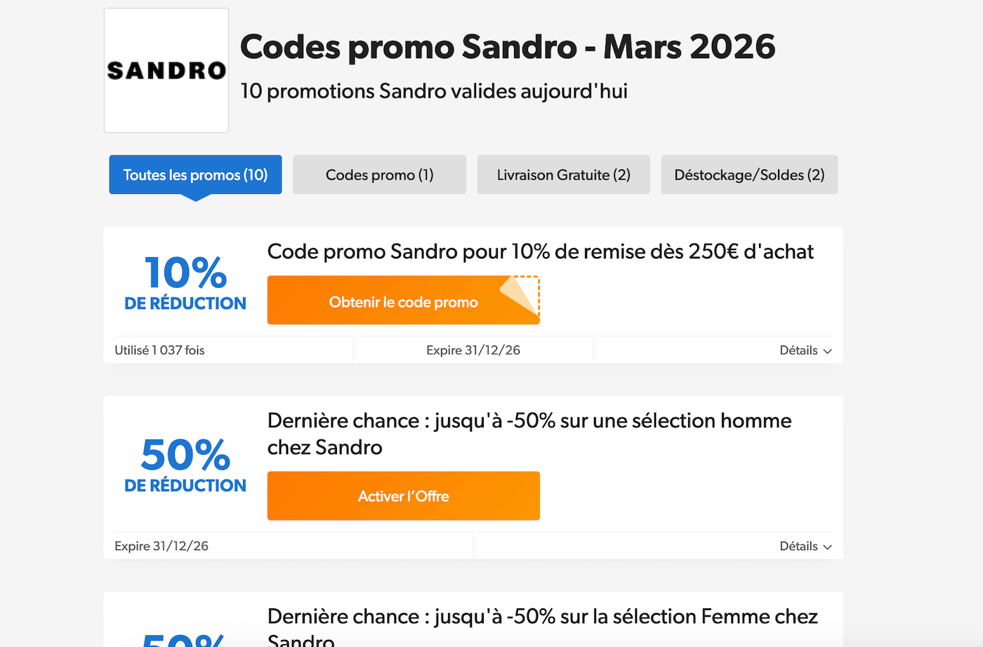 Capture d'écran d'un site de coupons affichant de faux codes promo Sandro