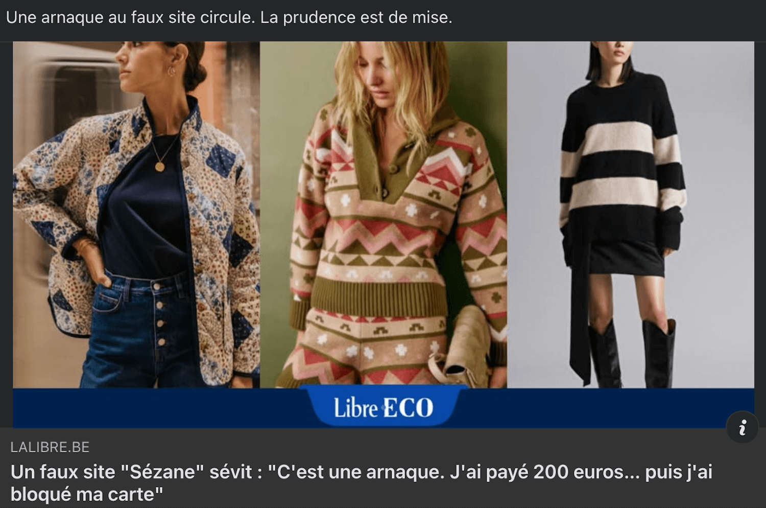 Capture d'écran d'une publicité frauduleuse imitant le site Sézane