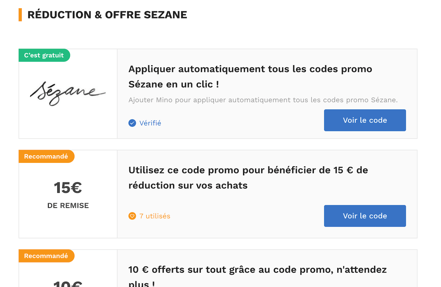Capture d'écran d'un site de coupons affichant de faux codes promo Sézane