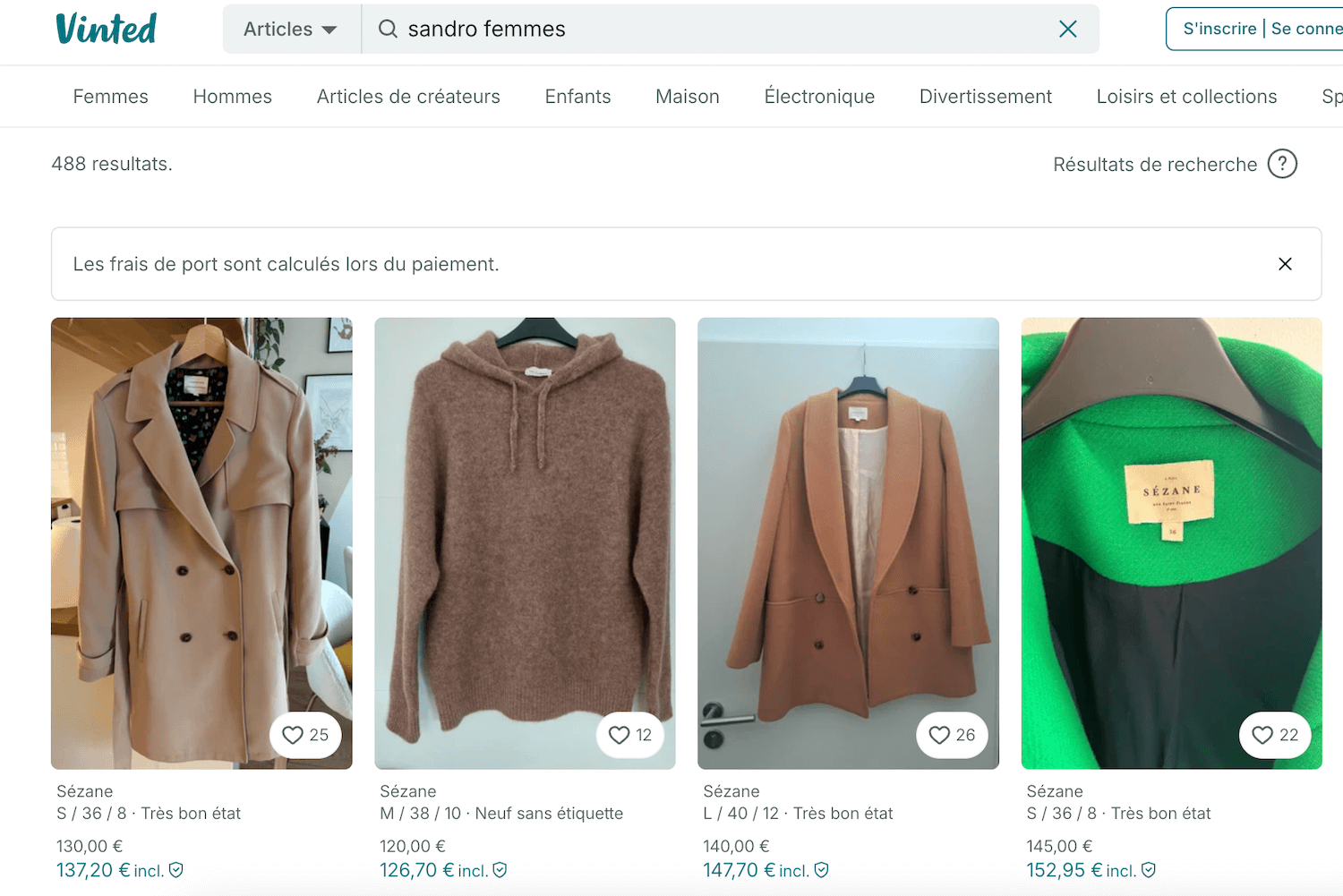 Capture d'écran du catalogue Sézane sur Vinted avec comparaison des prix