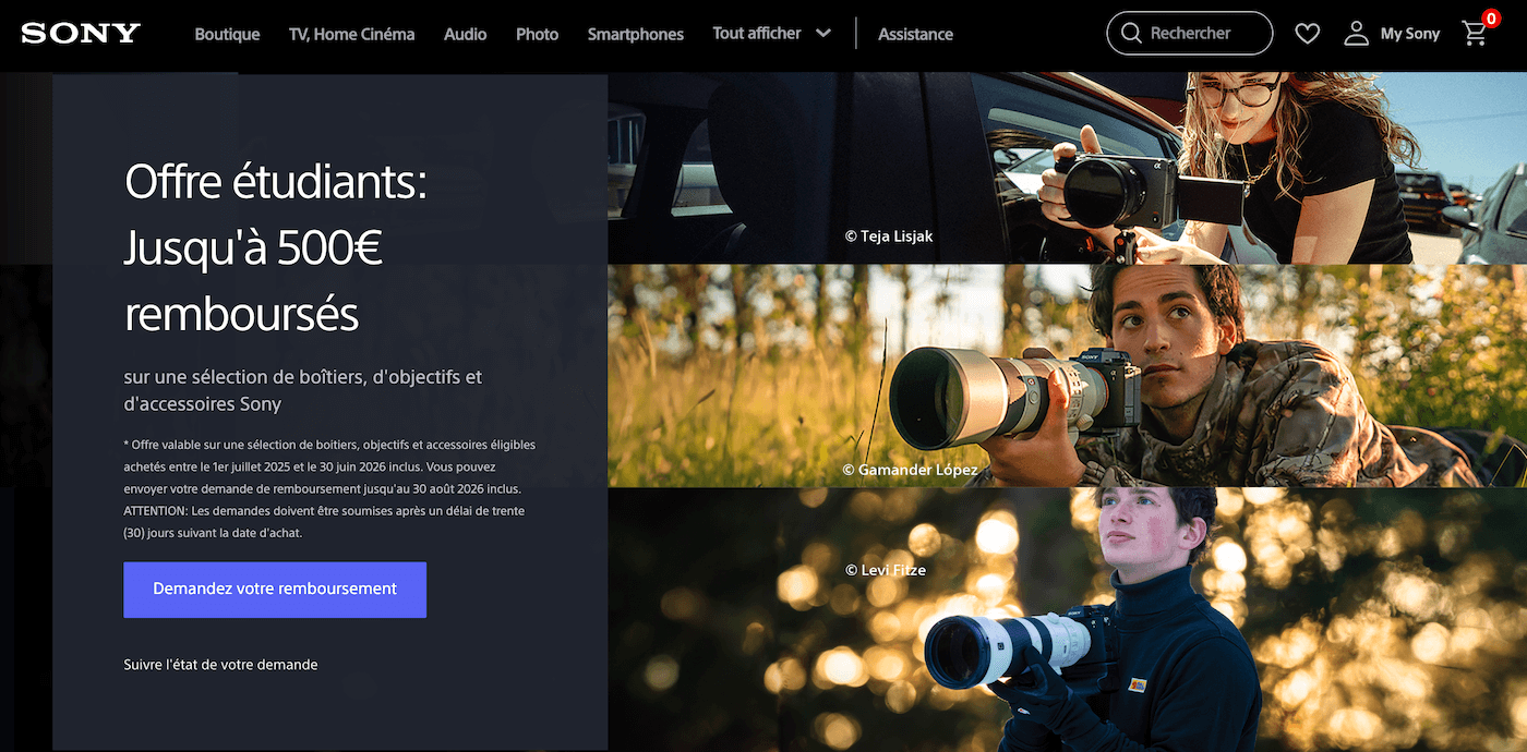Capture d'écran de la page Offre Étudiants Sony photo sur sony.fr
