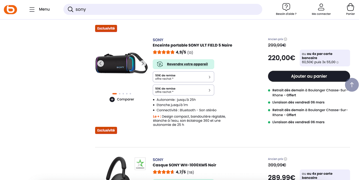 Capture d'écran d'offres Sony chez un revendeur agréé